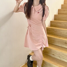 批发樱桃polo领连衣裙夏季学院风奶甜辣妹抽绳褶皱收腰小个子初恋短裙