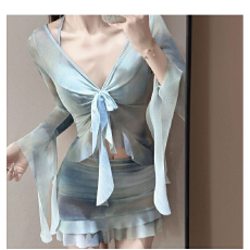 批发泳衣女分体罩衫扎染三件套清新风遮肚显瘦保守度假温泉小<b class='q'>胸</b>纯欲风