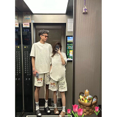 批发韩版字母印花抽绳短裤男女夏季宽松设计情侣休闲<b class='q'>套装</b>两件套