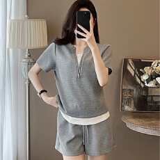 批发休闲运动套装女新款夏季假两件短袖上衣短裤两件套套装