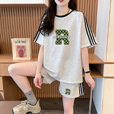 批发仿棉索罗娜休闲运动套装女宽松大码短袖胖mm印花两件套潮