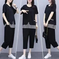 批发夏季新款大码女装胖MM200斤拼接条纹上衣宽松显瘦九分裤两套女