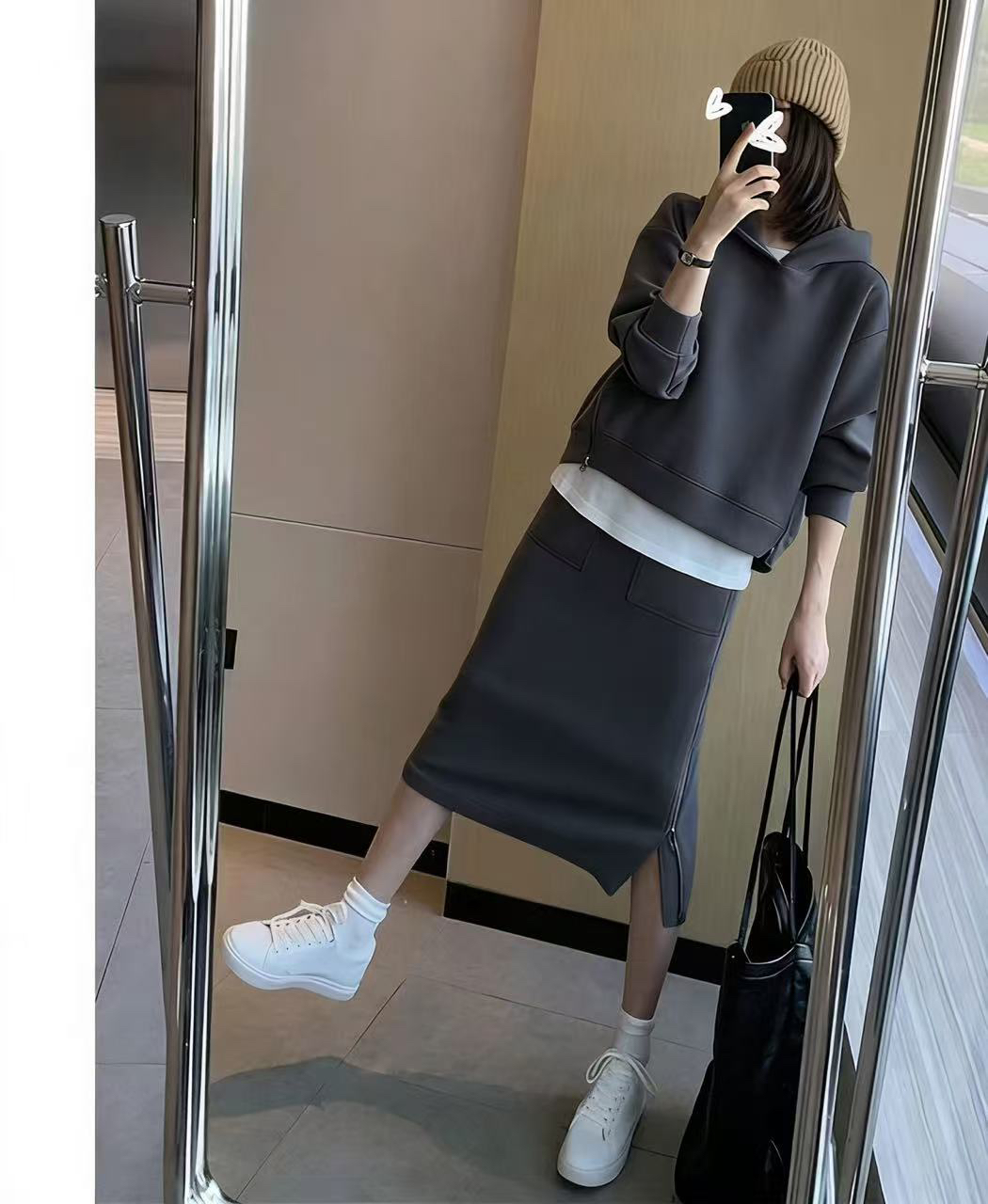 유럽 역 패션 캐주얼 세트 여성 2026 년 봄 가을 겨울 새로운 고급 센스 패션 반 스커트 후드티 투피스 세트
