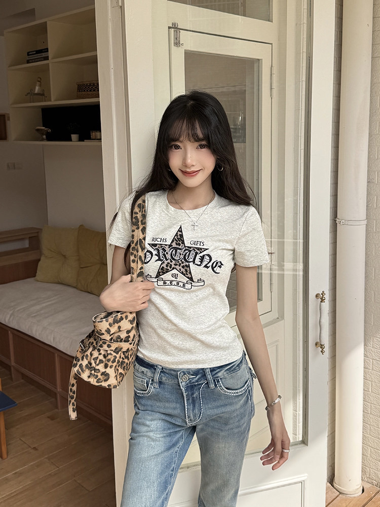 40 오스트리아 세대 서울 210 그램 순면 티셔츠 별 패치 레트로 자수 여름 핫걸 긍정적 인 어깨 짧은 레오파드 무늬 맨위