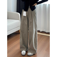 批发美式卡其色工装休闲裤女秋季新款大码胖mm高腰宽松显瘦阔腿弯刀裤