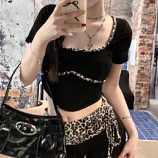 批发官图实价 仿棉螺纹 夏显身材豹纹短款t恤上衣+绑带短裤两件<b class='q'>套装</b>