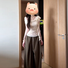 官图夏法式纯欲小众设计荡领飘带斜肩t恤女褶皱斜肩上衣