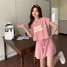 批发可盐可甜<b class='q'>套装</b>女夏季2026新款休闲运动风背心T恤阔腿短裤两件套女