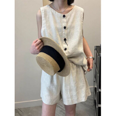 批发2026新款亚麻套装<b class='q'>女</b>夏季高端无袖马甲背心上衣休闲短裤棉麻两件套