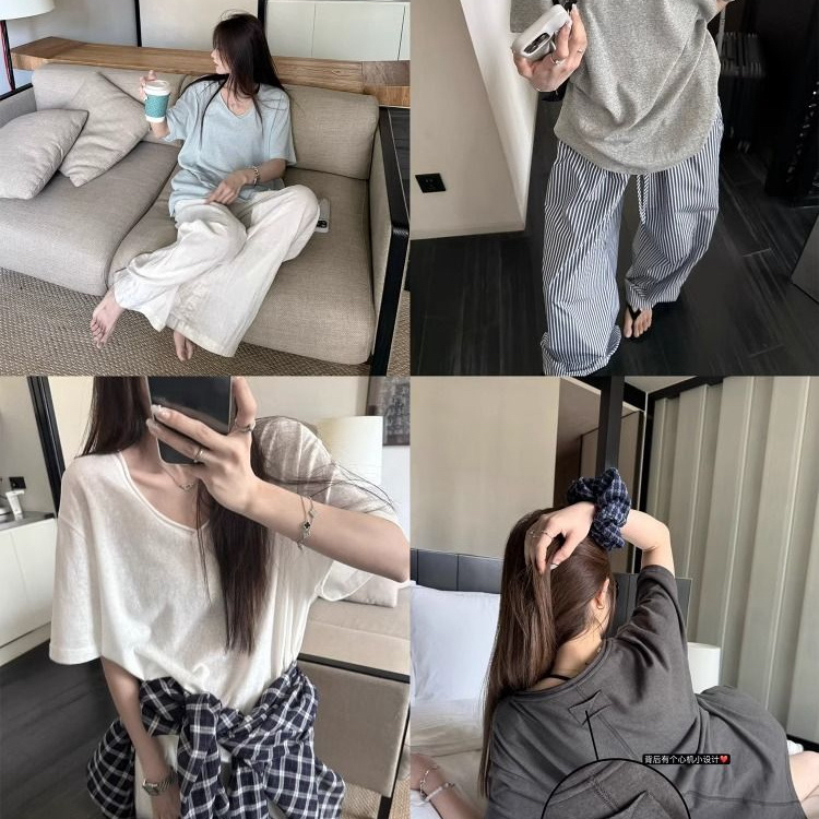 원본 원단 박하 느슨함 센스 눈꽃 질감 볼륨 측면 V넥 반팔 루즈핏 느긋한 티셔츠 맨위 여성