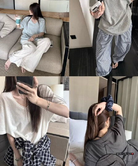 원본 원단 박하 느슨함 센스 눈꽃 질감 볼륨 측면 V넥 반팔 루즈핏 느긋한 티셔츠 맨위 여성