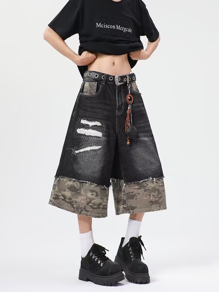 검정색 카모플라주 패치워크 찢어진 부분 마 오래된 레트로 청바지 반바지 7 점 여성 루즈핏 넓은 다리 스트레이트 캐주얼 바지