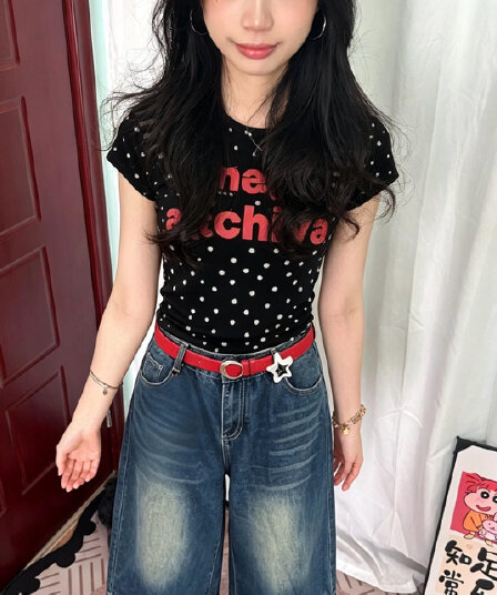 아메리칸 레트로 라운드 넥 알파벳 프린트 반팔 티셔츠 여성 여름 인기 작은 대중 새로운 몸매 가꾸기 핫걸 맨위