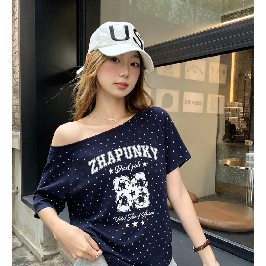 220 그램 40 1 1 순면 여름 새로운 한 부서 도트 무늬 비스듬한 칼라 오프숄더 프린트 섹션 반팔 티셔츠 여성