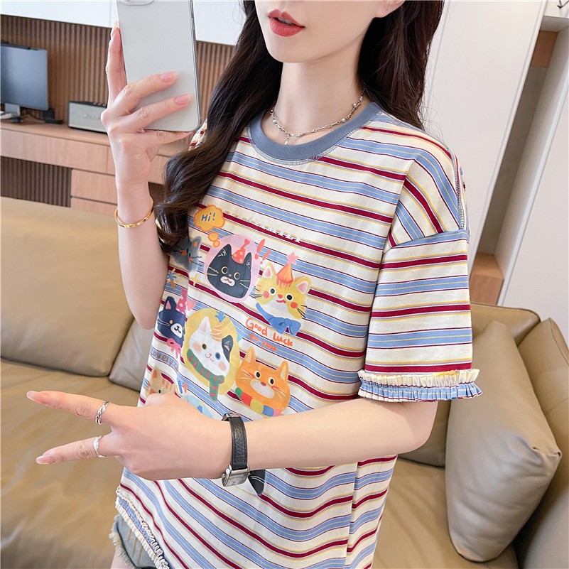 실사 라운드 넥 반팔 티셔츠 여성 명중 인터넷 새로운 프린트 싸움 플러그 색상 주름 제거 in 맨위 여성