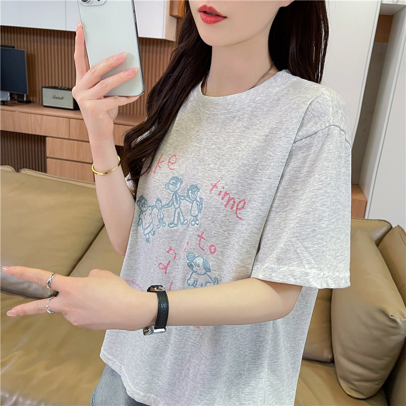 실사 라운드 넥 반팔 티셔츠 여성 새로운 프린트 싸움 자수 눈꽃 면 패션 맨위 여성
