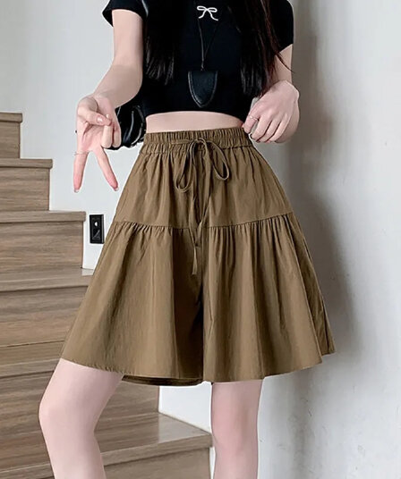 얼음 실크 넓은 다리가 짧다. 바지 여성 2026 새로운 여름 작은 키 하이웨이스트 한 마디 배 종류 몸 검정색 플리츠 치마바지