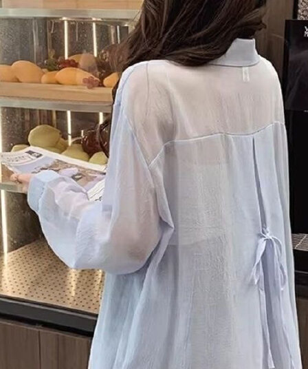 무늬 쉬폰 자외선 차단 의류 오픈 가디건 얇은 스타일 여성 외부 가져 가라. 여름 얼음 실크 외출용 맨위 셔츠 슬림해 보이는 레이스업 디자인 여성