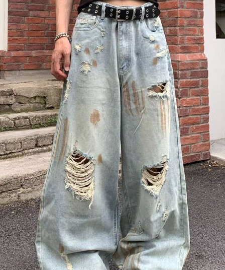 아메리칸 거리 워싱 마 오래된 찢어진 부분 청바지 남자 루즈핏 스트레이트 와이드 레그 팬츠 홀치기 염색 무거운 캐주얼 바지