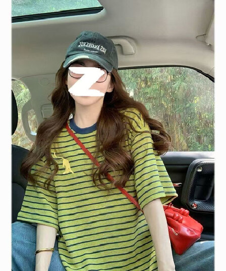 녹색 레트로 스트라이프 반팔 티셔츠 여성 2026 여름 새로운 아메리칸 루즈핏 느긋한 디자인 센스 맨위 트렌디 ins