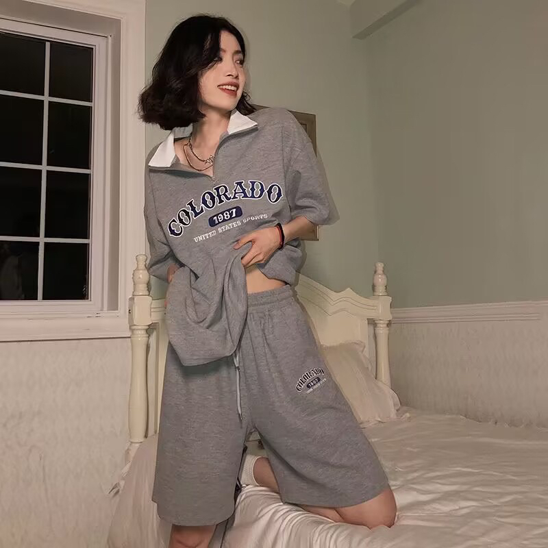 모방 면 물고기 규모 200그램 반팔 스포츠 슈트 여성 여름 새로운 루즈핏 POLO 칼라 캐주얼 세트