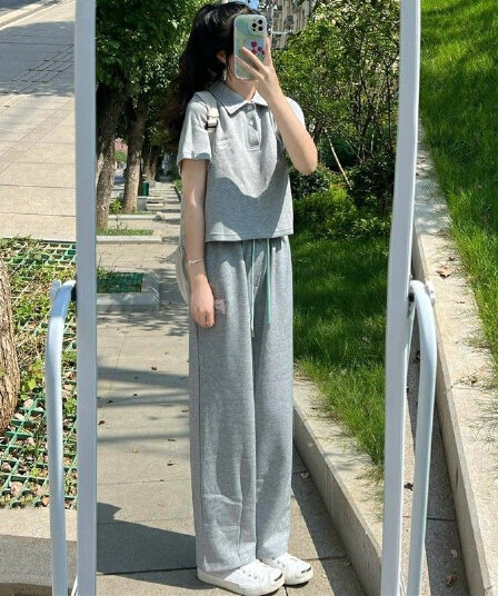6535 물고기 규모 면 소금 부서 스포츠 슈트 여름 한국 스타일 루즈핏 polo 반팔 캐주얼 투피스 세트 세트