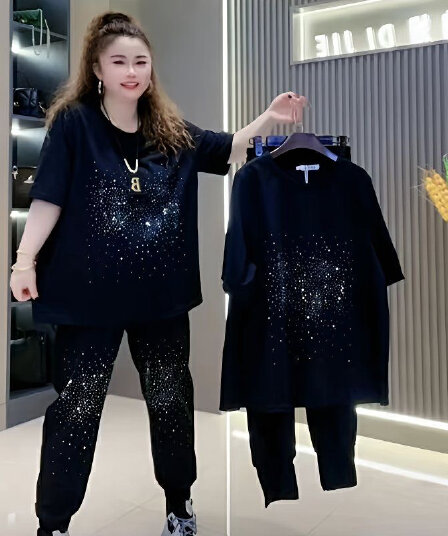 직공 울 여름 패션 Gypsophila 세트 여성 300 근 통통한 여동생 지방 엄마 루즈핏 중간 소매 투피스 세트