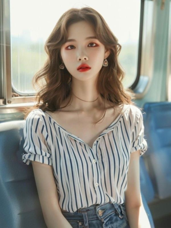 항구 바람 chic 스트라이프 V넥 여성 셔츠 디자인 센스 작은 대중 여름 고유 한 Chic 핫걸 출퇴근 아름다운 맨위