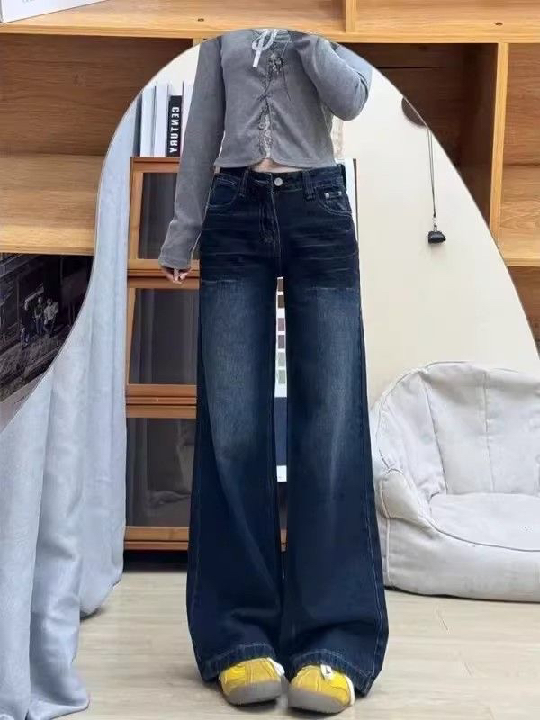 아메리칸 레트로 핫걸 청바지 여성 작은 대중 루즈핏 슬림해 보이는 스트레이트 넓은 다리 바닥 청소 긴 바지