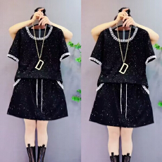 批发直贡呢时尚满天星钉珠<b class='q'>短袖</b>T恤套<b class='q'>装</b>女夏季新款宽松短<b class='q'>裤</b>两件套