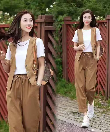 음악 리 실크 모방 면 캐주얼 패션 세트 여성 여름 새로운 반팔 루즈핏 외국 가스 9부 바지 세 조각 세트