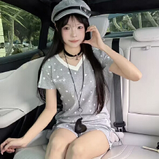 批发仿棉1X1满印星星V领<b class='q'>短袖</b>T恤套<b class='q'>装</b>女夏季修身显瘦上衣短<b class='q'>裤</b>两件套<b class='q'>装</b>
