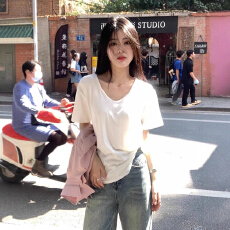 批发V领短袖t恤女夏季宽松纯色打底衫体恤