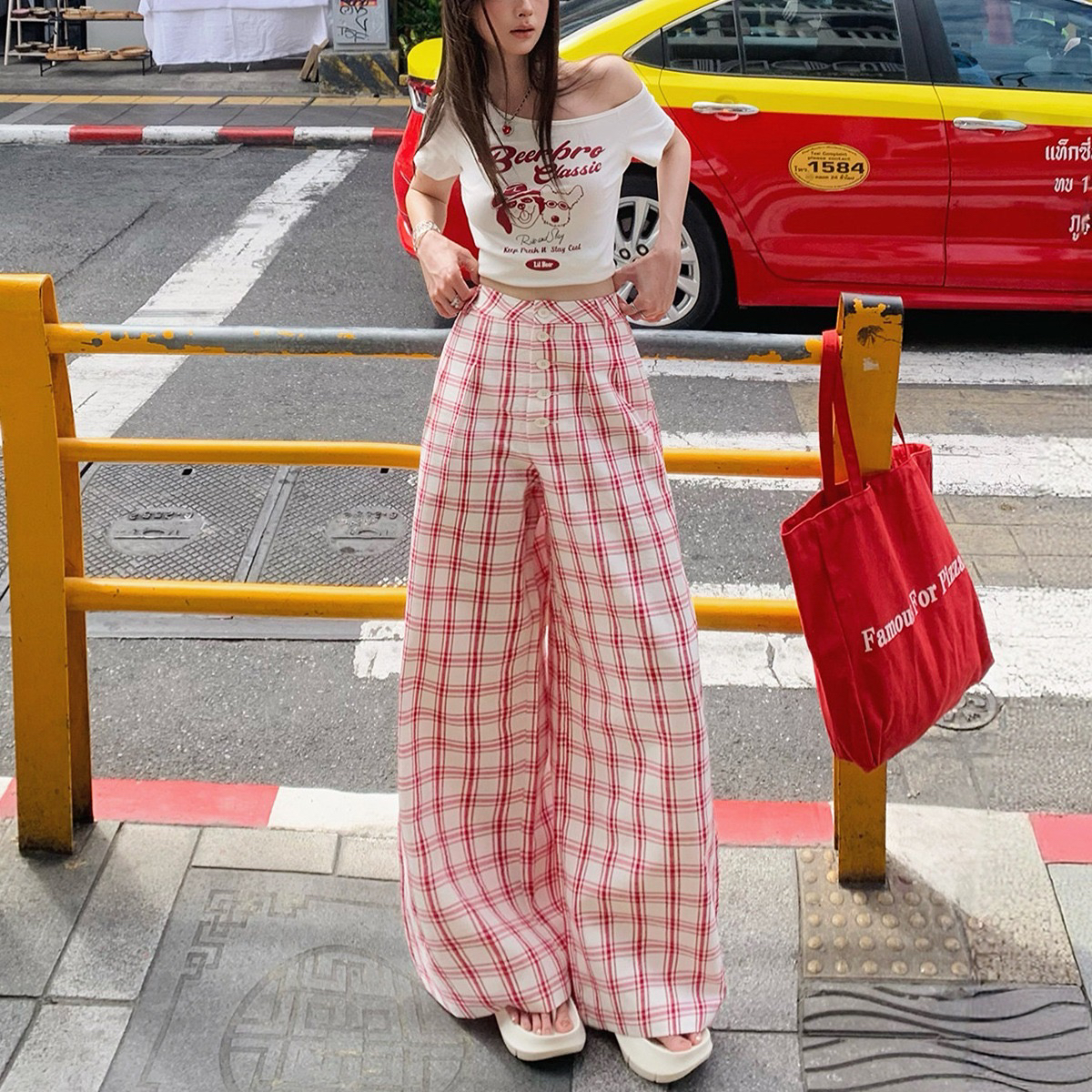 순면 체크무늬 복잡한 인터넷 원본 품질 원단 캐주얼 와이드 레깅스 바지 새로운 하이웨이스트 슬림해 보이는 스트레이트 바지