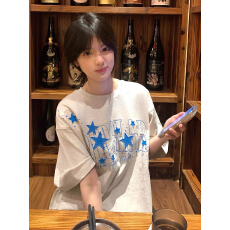 批发美式复古撞色亮片星星刺绣短袖t恤女夏季潮牌设计感小众情侣上衣
