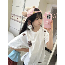 批发<b class='q'>街头</b>风美式夏女宽松纯棉猫爪刺绣oversize设计感休闲短袖T恤新款