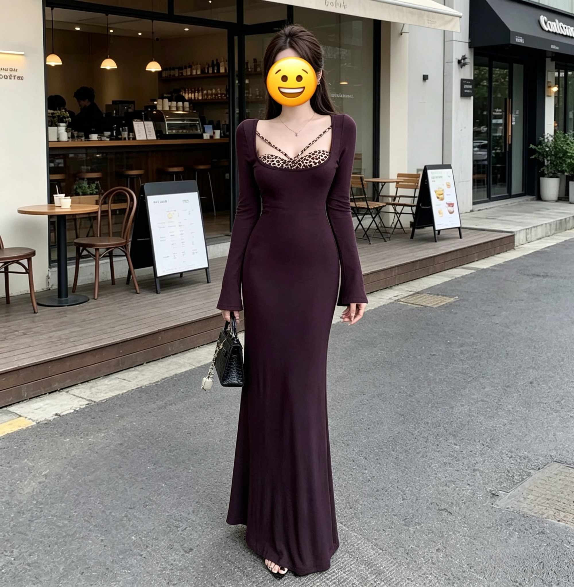 마이크로 지방 mm 섹시함 레오파드 무늬 페이크 레이어드 긴팔 여성 드레스 봄 가을 새로운 품격 몸매 가꾸기 레깅스 롱 스커트