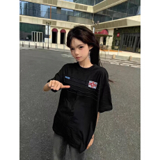 批发夏季新款美式复古徽章褶痕刺绣<b class='q'>短袖</b>T恤女韩系宽松运动条纹上衣潮