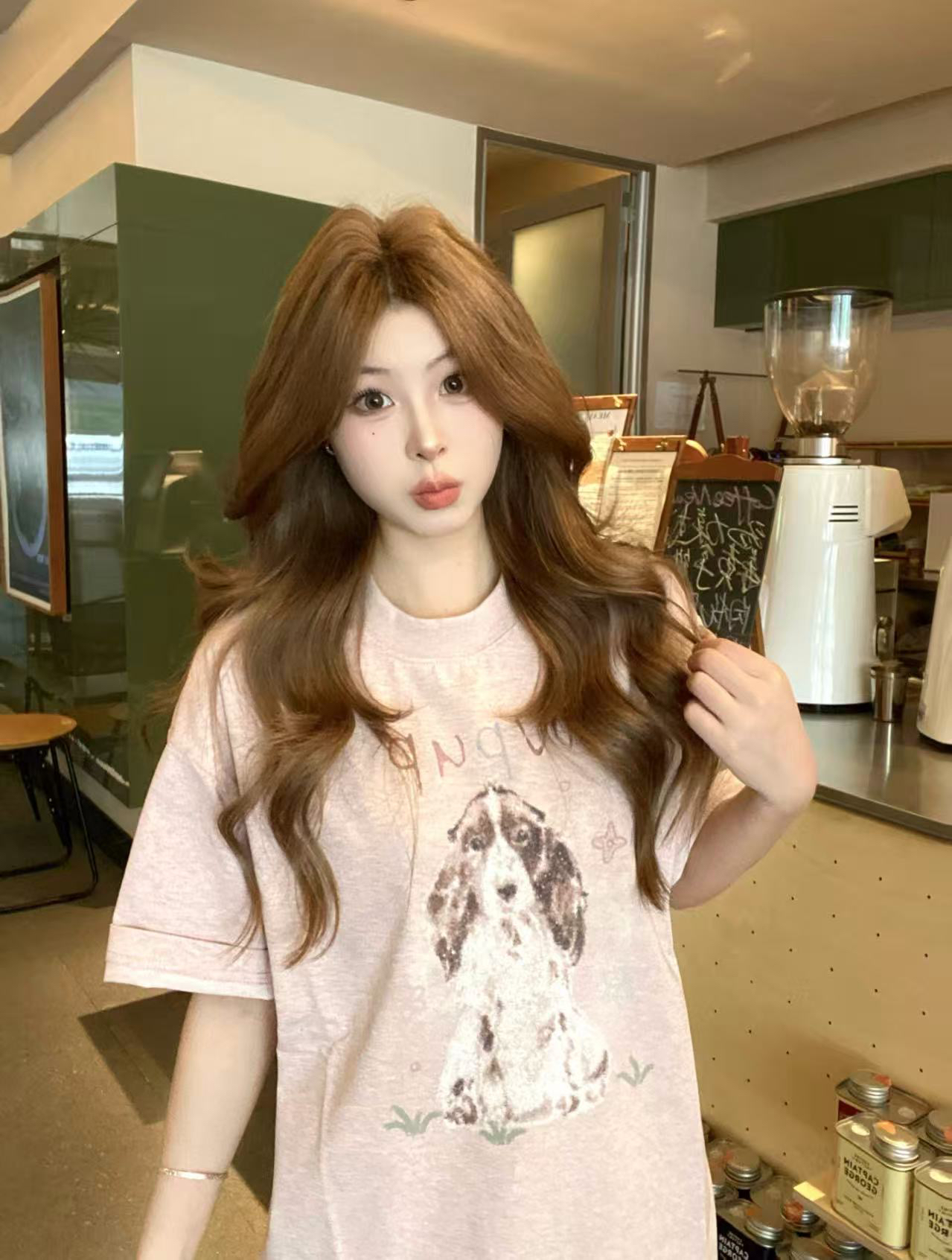 달콤한 스타일 강아지 프린트 핑크색 루즈핏 다용도 눈꽃 면 반팔 티셔츠 작은 대중 패션 착용 가져 가라. 출퇴근 맨위
