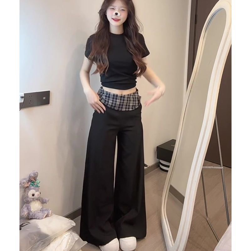 핫걸 여름 패션 2026 아메리칸 몸매 가꾸기 반팔 맨위 패치워크 체크무늬 와이드 레그 팬츠 투피스 슈트