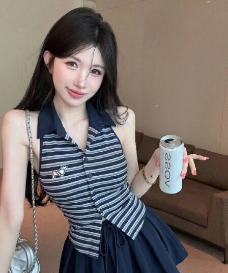 벨트 가슴 패드 한 부서 학원 스타일 POLO 칼라 배색 스트라이프 조끼 여성 높음 벨트 가슴 패드 다용도 슬림해 보이는 맨위
