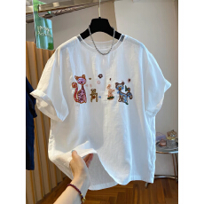批发夏季新款宽松休闲百搭胖妹妹240斤特<b class='q'>大码</b>卡通刺绣宽松短袖T恤上衣