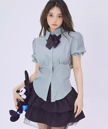 발레 소녀 연령 감소 세트 여성 여름 polo 셔츠 거품 소매 슬림해 보이는 허리 수축 짧은 치마 패션 투피스 세트