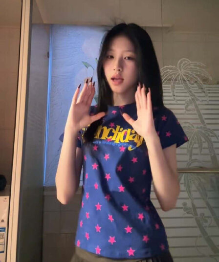 조수 브랜드 아메리칸 레트로 블루 별 긍정적 인 어깨 반팔 티셔츠 여성 여름 몸매 가꾸기 작은 키 슬림해 보이는 다용도 맨위