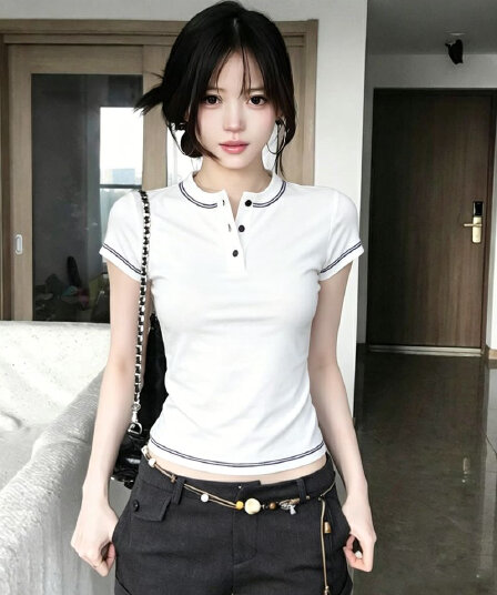한 부서 품격 배색 측면 헨리 칼라 반팔 티셔츠 여성 여름 몸매 가꾸기 슬림해 보이는 핫걸 바람 긍정적 인 어깨 다용도 맨위