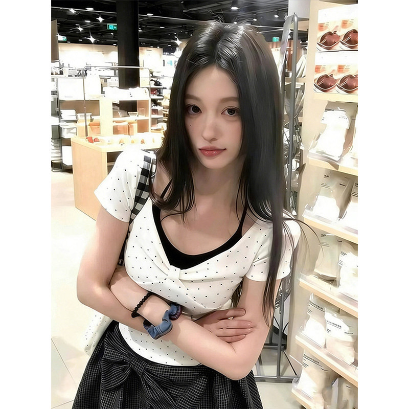 한국 스타일 레트로 항구 바람 페이크 레이어드 티셔츠 반팔 여성 배색 패션 도트 무늬 주름 디자인 다용도 몸매 가꾸기 맨위