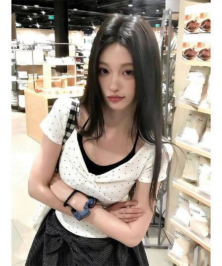 한국 스타일 레트로 항구 바람 페이크 레이어드 티셔츠 반팔 여성 배색 패션 도트 무늬 주름 디자인 다용도 몸매 가꾸기 맨위