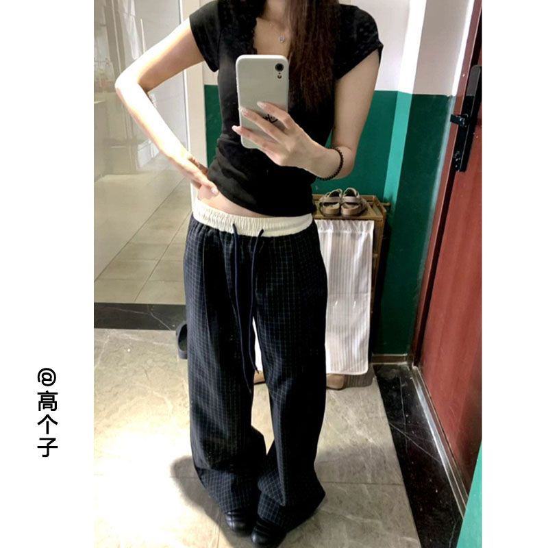 아메리칸 레트로 허리 펌프 로프 체크무늬 캐주얼 바지 이른 봄 루즈핏 스트레이트 도루 센스 개성 커플 바닥 청소 긴 바지