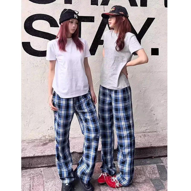레트로 체크무늬 프린트 캐주얼 바지 남녀 다용도 허리밴드 주머니 슬림해 보이는 디스플레이 다리 길이 바닥 청소 와이드 레그 팬츠 긴 바지
