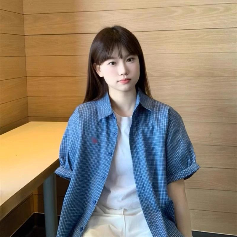 한 부서 레트로 파란색 체크무늬 자수 얇고 가벼운 반팔 여성 셔츠 여름 새로운 루즈핏 다용도 디자인 센스 셔츠